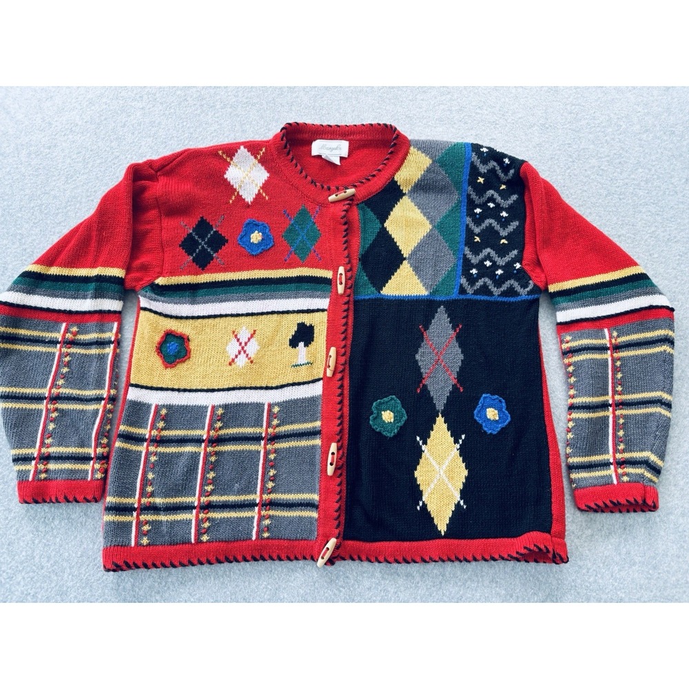 Vintage Cardigan Sweater Womens Large Colorful Argyle Knit 90s Geometric
